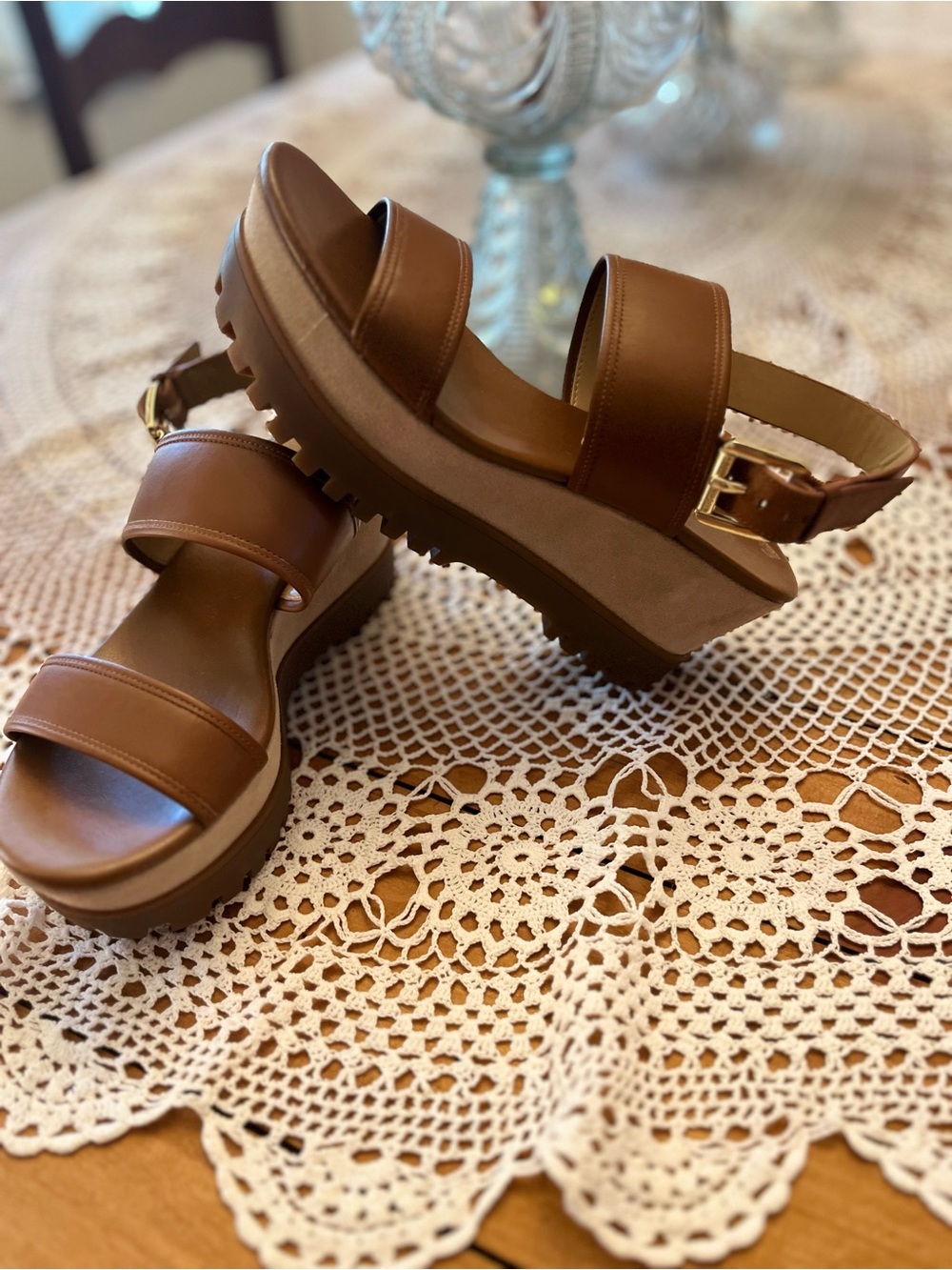 Michael Kors Tan Suede and Brown Leather Lug Platform Sandals with Gold Buckle